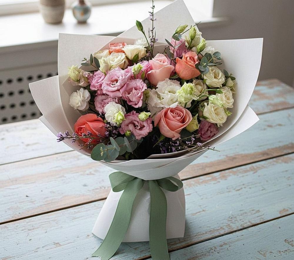 Букет цветов из: Розы, Лизиантусы и Гвоздики в Нехаевской