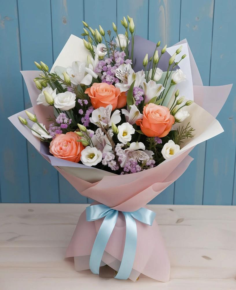 Букет цветов из: Лизиантусы, Розы, Альстромерии и Гипсофила в Нехаевской