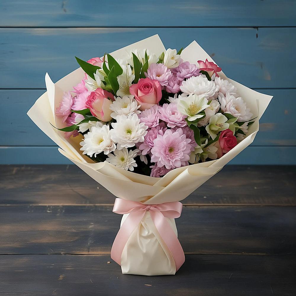 Букет цветов из: Хризантемы, Альстромерии и Розы в Нехаевской